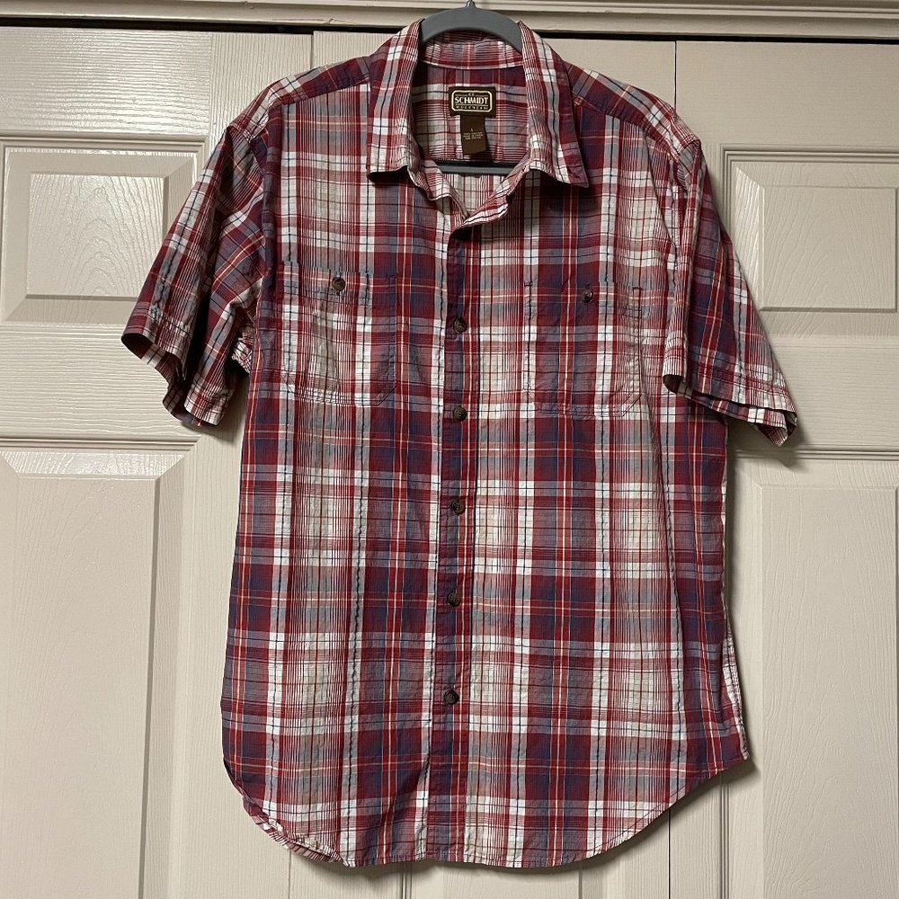 CE Schmidt Workwear Red White Plaid Button Down Work Shirt Pockets Cotton Mens L